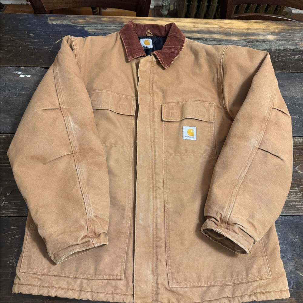 Vintage Carhartt Men's Brown Jacket with Maroon Collar